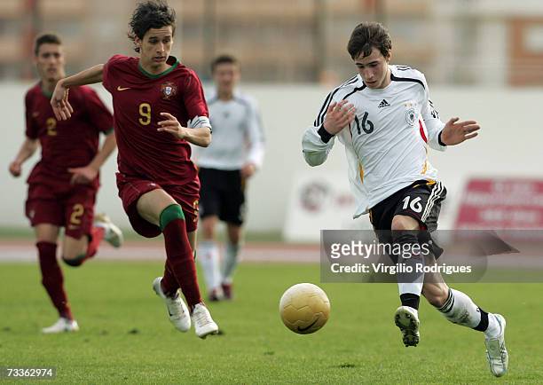 Fabian Broghammer of Germany vies for the ball with Rui Fonte of Portugal during the Men's U17 international Tournament match between Portugal and...