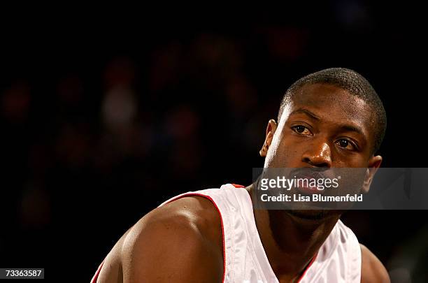 Dwyane Wade of the Miami Heat sits on the court during the PlayStation Skills Challenge during NBA All-Star Weekend on February 17, 2007 at Thomas &...