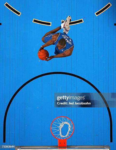 Dwight Howard of the Orlando Magic participates in the Sprite Slam Dunk Competition during NBA All-Star Weekend on February 17, 2007 at Thomas & Mack...