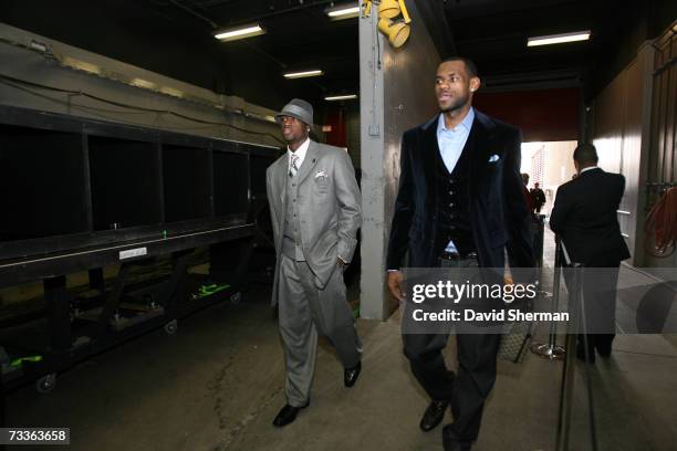 Dwyane Wade and LeBron James of the Eastern Conference All-Star team arrives prior to the 2007 NBA All-Star Game on February 18, 2007 at the Thomas &...