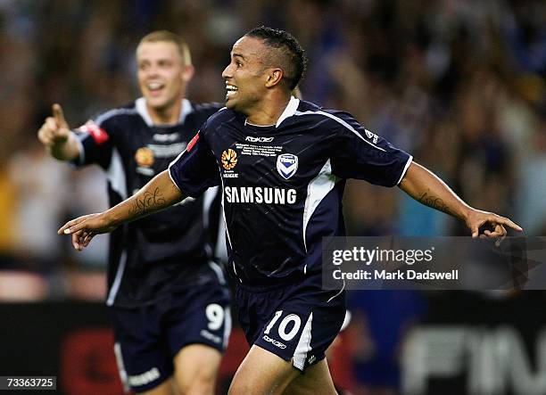 Archie Thompson of the Victory celebrates his third goal during the Hyundai A-League Grand Final between the Melbourne Victory and Adelaide United at...