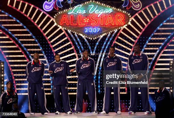 Dwyane Wade,Gilbert Arenas, LeBron James, Chris Bosh and Shaquille O'Neal of the Eastern Conference are introduced to start the 2007 NBA All-Star...