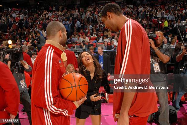 Tony Parker and Tim Duncan of the San Antonio Spurs talks with Eva Longoria at the 2007 NBA All-Star Game on February 18, 2007 at the Thomas & Mack...