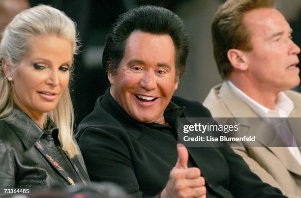 Singer Wayne Newton , wife Kathleen McCrone and the Governor Arnold Schwarzenegger watch 2007 NBA All Star Game on February 18, 2007 at Thomas & Mack...