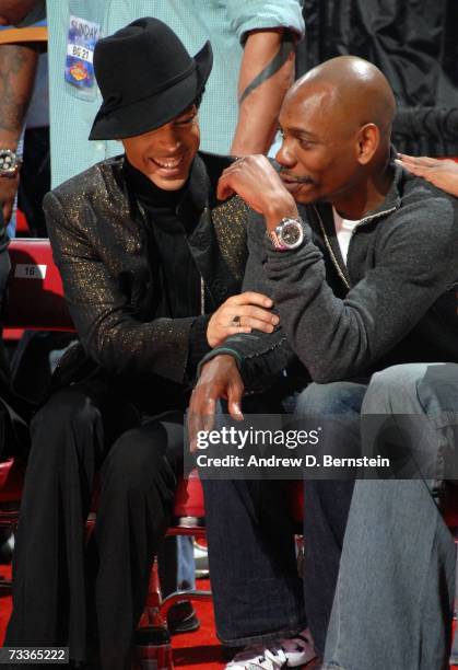 Prince sits courtside and talks with comedian Dave Chappelle at the 2007 NBA All-Star Game on February 18, 2007 at the Thomas & Mack Center in Las...