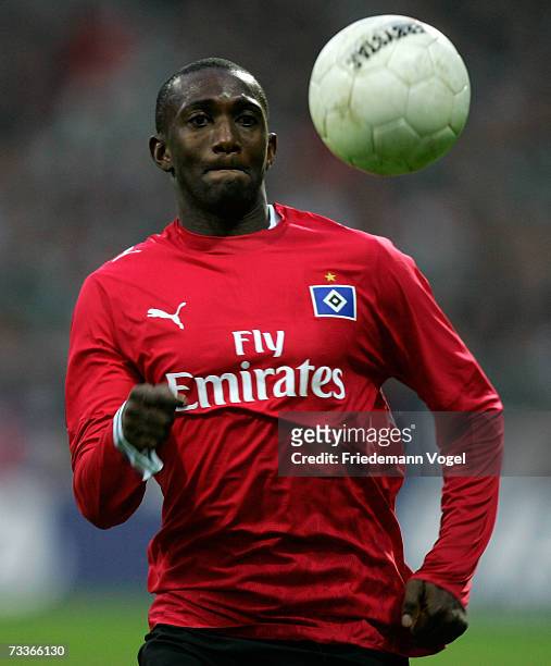 Collin Benjamin of Hamburg in action during the Bundesliga match between Werder Bremen and Hamburger SV at the Weser stadium on February 17, 2007 in...
