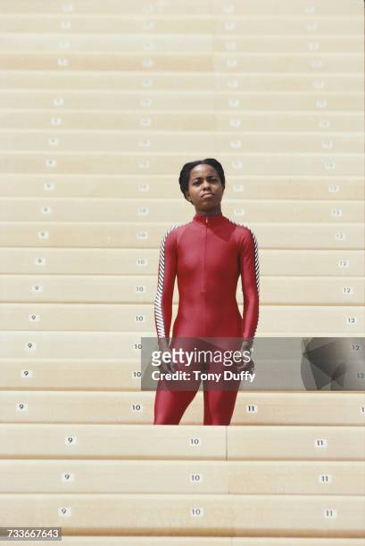 Portrait of Evelyn Ashford of the United States, Olympic track and field athlete on 1 January 1981 at the Drake Stadium of the UCLA , Los Angeles,...