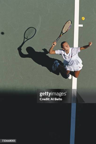 Iva Majoli of Croatia serves to Sandrine Testud during their Women's Singles second round match at the US Open Tennis Championship on 28 August 1997...