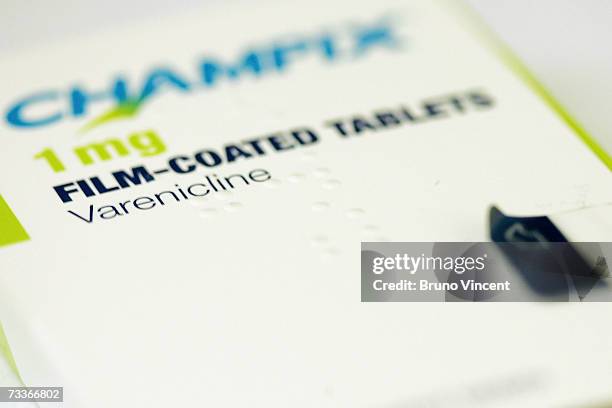 This photo illustration shows a packet of Champix tablets from drug manufacturer Pfizer on February 19, 2007 in London. The drug Varenicline, sold as...