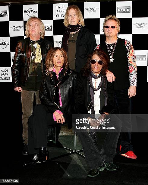 Aerosmith band members Brad Whitford, Tom Hamilton, Joey Kramer, Steven Tyler and Joe Perry attend a photocall to promote 'Hyde Park Calling' at The...