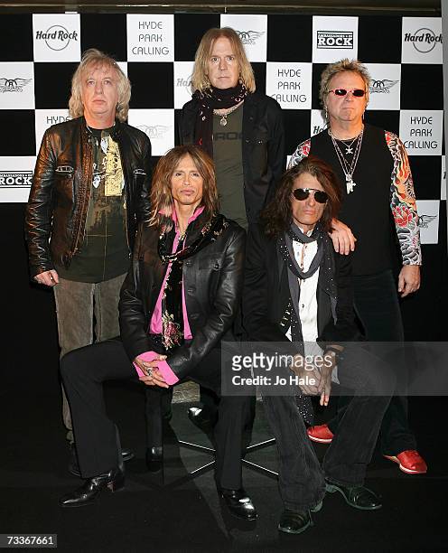 Aerosmith band members Brad Whitford, Tom Hamilton, Joey Kramer, Steven Tyler and Joe Perry attend a photocall to promote 'Hyde Park Calling' at The...