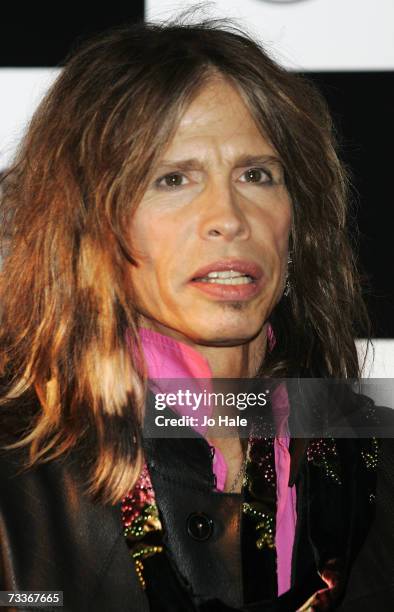 Steven Tyler of Aerosmith attends a photocall to promote 'Hyde Park Calling' at The Hard Rock Cafe on February 19, 2007 in London, England. The...