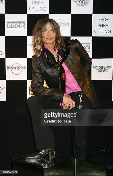 Stephen Tyler of Aerosmith attends a photocall to promote 'Hyde Park Calling' at The Hard Rock Cafe on February 19, 2007 in London, England. The...