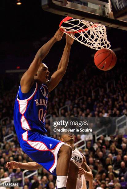 Darrell Arthur of the Kansas Jayhawks dunks during the first half of a game against the Kansas State Wildcats February 19, 2007 at Bramlage Coliseum...