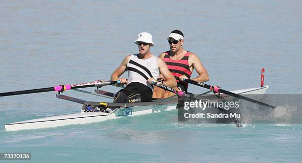 Mahe Drysdale and Nathan Twaddle of Auckland start their race in heat two of the Mens Premier duuble sculls during the New Zealand Rowing Nationals...