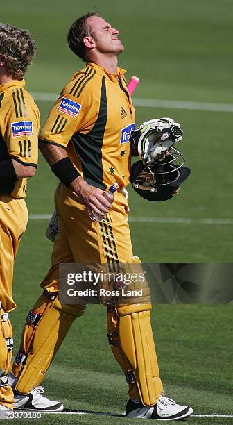 Matthew Hayden of Australia shows the pain of an injured foot after being struck by a ball while batting his way to 181 not out, the highest one-day...