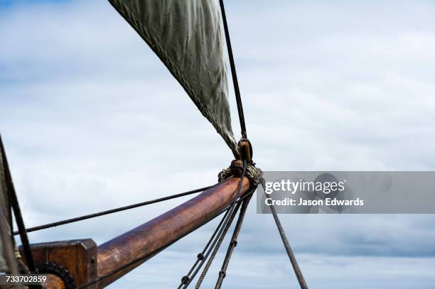 canvas sail ropes and bow sprit on an antique timber sailing ship. - port phillip bay stock pictures, royalty-free photos & images