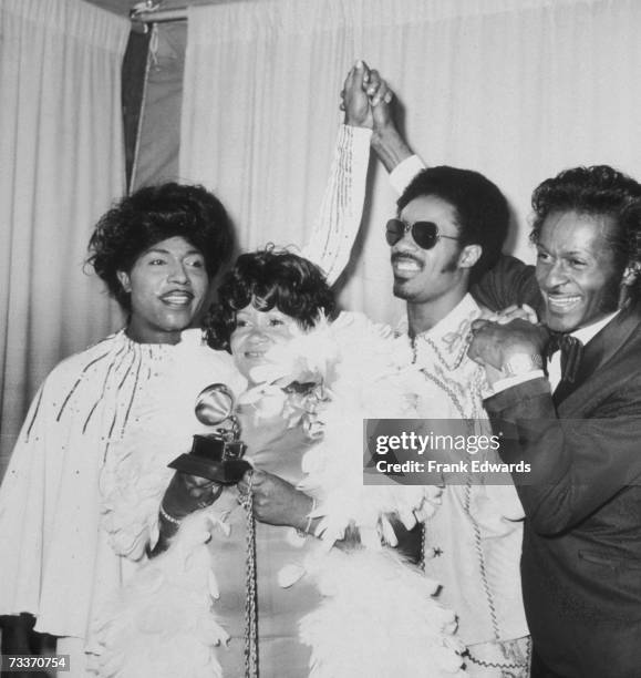 From left to right, Little Richard, Stevie Wonder's mother Lula Mae Hardaway, Stevie Wonder and Chuck Berry at the Grammy Awards in Hollywood, 2nd...