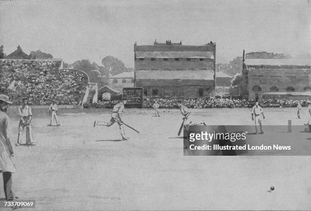 Australian cricketers Victor Trumper and Clem Hill making runs against England during the Second Test at Lord's, London, 15th-17th June, 1899....