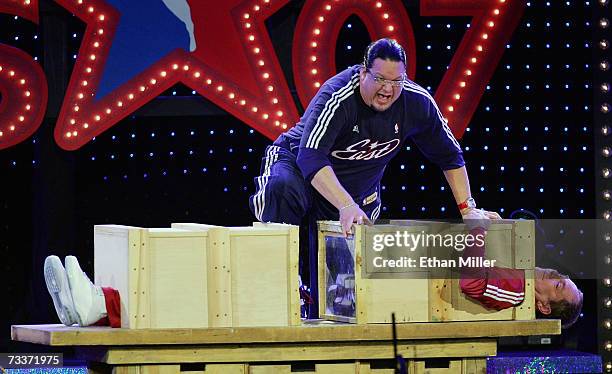 Penn Jillette and Teller of the comedy/magic duo Penn & Teller perform during NBA All-Star Saturday Night at the Thomas & Mack Center February 17,...
