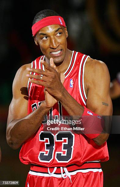 Former Chicago Bulls player Scottie Pippen competes in the Haier Shooting Stars competition during NBA All-Star Weekend at the Thomas & Mack Center...