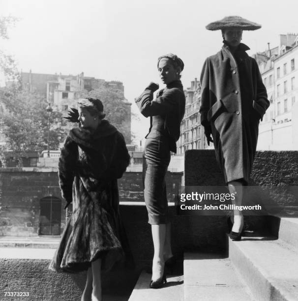 The latest fashion silhouettes are represented here in Paris, characterised by the forms of the letters A, S and H, 4th September 1954. Original...