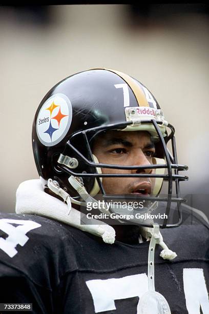 Offensive lineman Terry Long of the Pittsburgh Steelers on the sideline during a game against the Buffalo Bills at Three Rivers Stadium on December...