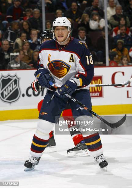 Marian Hossa of the Atlanta Thrashers skates in a game against the Ottawa Senators on February 17, 2007 at the Scotiabank Place in Ottawa, Canada....