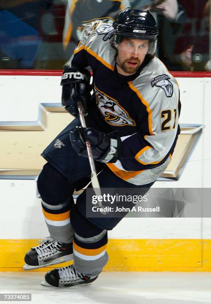 Peter Forsberg the Nashville Predators skates against the Minnesota Wild at Gaylord Entertainment Center on February 17, 2007 in Nashville,...