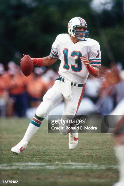 Quarterback Dan Marino of the Miami Dolphins goes back to pass against the Los Angeles Rams on October 30, 1983 in Miami, Florida.