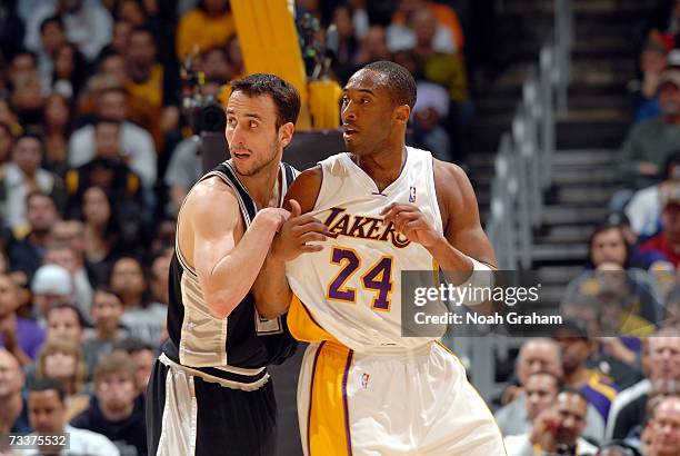 Kobe Bryant of the Los Angeles Lakers battles for position with Manu Ginobili of the San Antonio Spurs on January 28, 2007 at Staples Center in Los...