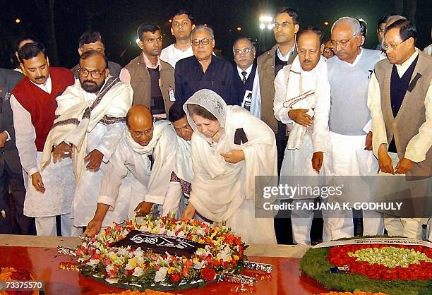 Leader of Bangladesh National Party Khaleda Zia lays wreaths at Shahid Minar or the Martyrs' Monument to pay her respects to the Bengali language...