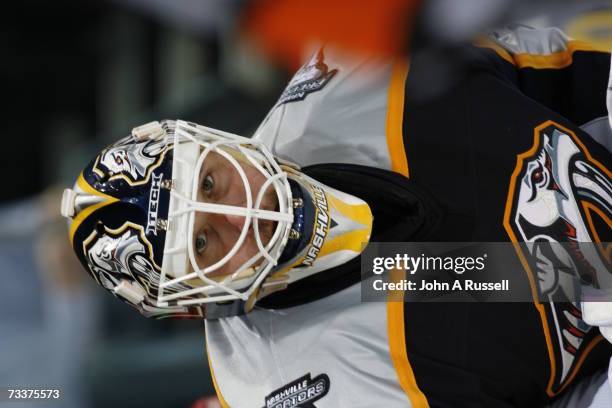 Tomas Vokoun of the Nashville Predators eyes the play against the Phoenix Coyotes at Gaylord Entertainment Center on February 19, 2007 in Nashville,...