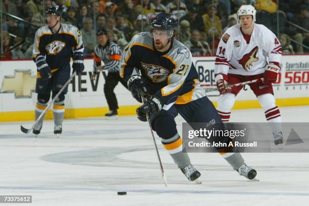 Peter Forsberg of the Nashville Predators skates against the Phoenix Coyotes at Gaylord Entertainment Center on February 19, 2007 in Nashville,...