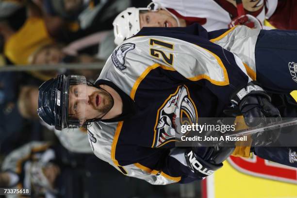 Peter Forsberg of the Nashville Predators skates against the Phoenix Coyotes at Gaylord Entertainment Center on February 19, 2007 in Nashville,...