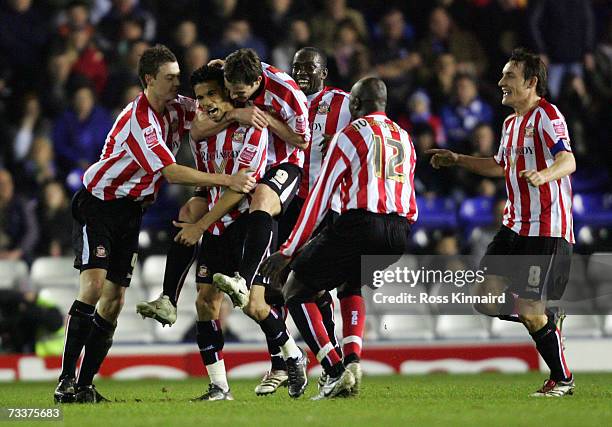 Carlos Edwards of Sunderland is congratulated after scoring the opening goal during the Coca-cola Championship match between Birmingham City and...