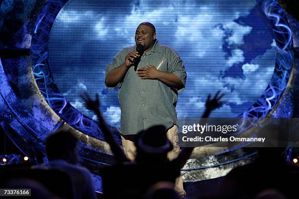 Finalists Clay Aiken, Ruben Studdard and Kimberley Locke practice before the show's grand finale on May 21, 2003 at the Universal Amphitheatre in...