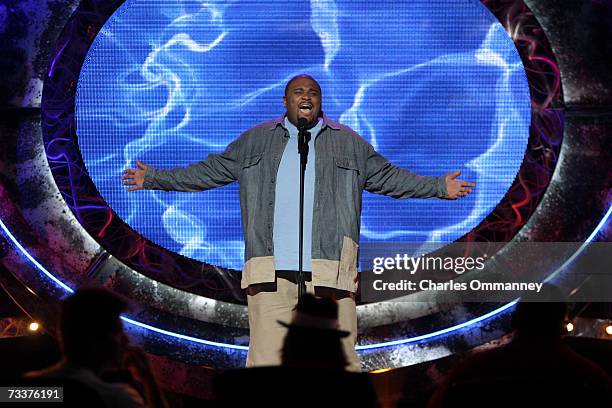 Finalists Clay Aiken, Ruben Studdard and Kimberley Locke practice before the show's grand finale on May 21, 2003 at the Universal Amphitheatre in...