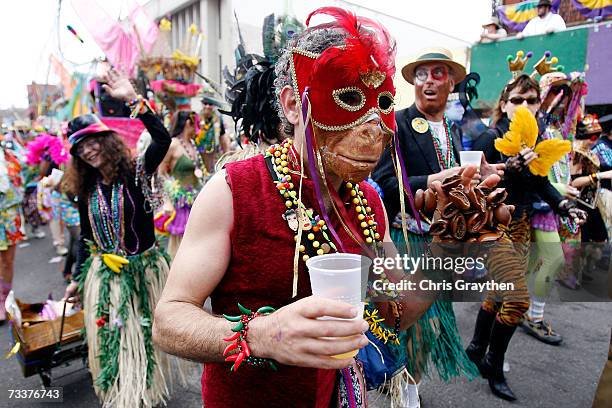 Reveler in the Mondo Kayo parade dances through the streets on Mardi Gras Day February 20, 2007 in New Orleans, Louisiana. Mardi Gras is being...