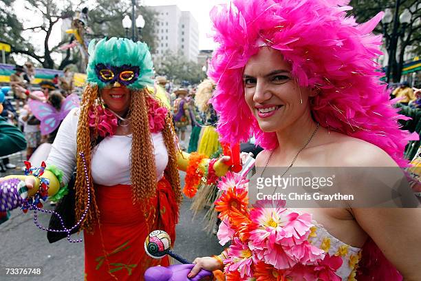 Reveler in the Mondo Kayo parade dances through the streets on Mardi Gras Day February 20, 2007 in New Orleans, Louisiana. Mardi Gras is being...