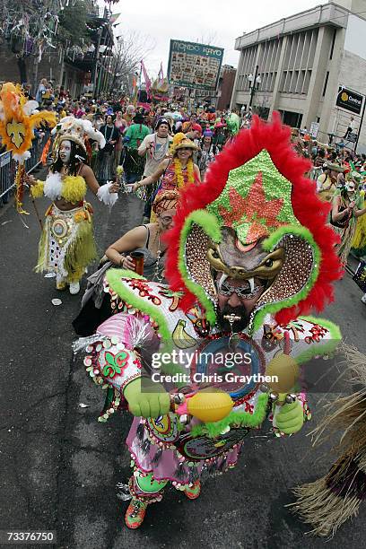 Reveler in the Mondo Kayo parade dances through the streets on Mardi Gras Day February 20, 2007 in New Orleans, Louisiana. Mardi Gras is being...