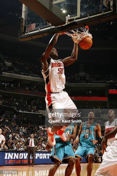 Emeka Okafor of the Charlotte Bobcats dunks against the New Orleans/Oklahoma City Hornets on February 20, 2007 at the Charlotte Bobcats Arena in...