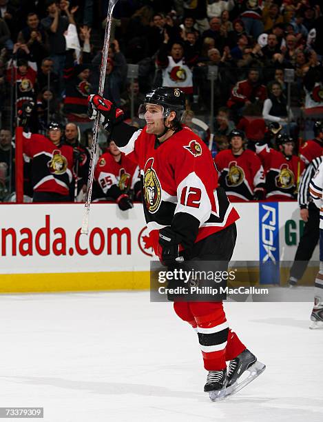 Mike Fisher of the Ottawa Senators celebrates his goal against the Edmonton Oilers during the game at the Scotiabank Place February 20, 2007 in...