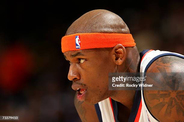 Al Harrington of the Golden State Warriors waits for the free throw during the game against the Chicago Bulls on February 9, 2007 at Oracle Arena in...