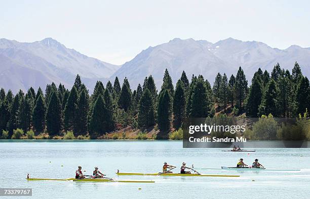 Rowers exit the starting box for the repecharge of the Womens Premier pair during the New Zealand Rowing Nationals at Lake Ruataniwha February 21,...