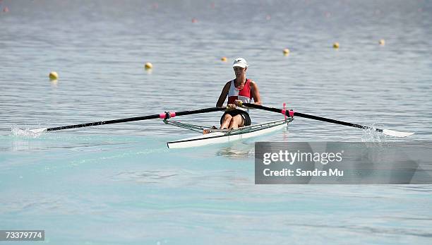 Liz Jerrat of Waikato leaves the start for the Womens Under 21 single sculls repecharge during the New Zealand Rowing Nationals at Lake Ruataniwha...