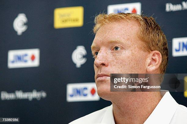 Lance Whitnall of the Blues talks to the media during a Carlton Blues press conference at MC Labour Park on February 21, 2007 in Melbourne,...