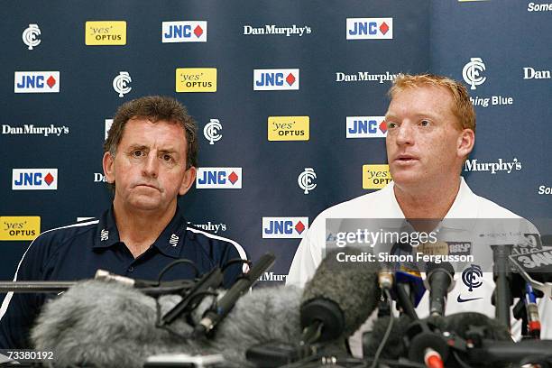 Blues coach Denis Pagan and Lance Whitnall of the Blues talk to the media during a Carlton Blues press conference at MC Labour Park on February 21,...