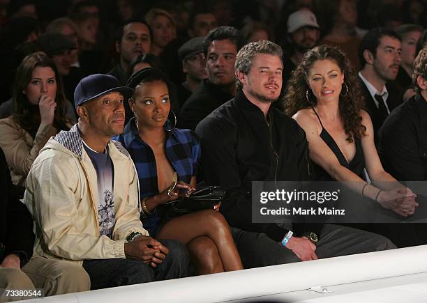 Russell Simmons, model Eva Pigford and actors Eric Dane and Rebecca Gayheart watch the show at the 6th Annual General Motors TEN event at Paramount...