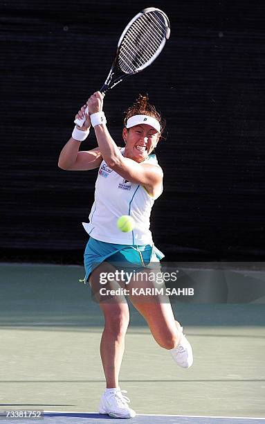 Dubai, UNITED ARAB EMIRATES: Ai Sugiyama of Japan returns to Greek opponent Eleni Daniilidou, during their Dubai Duty Free Open tennis match, 21...